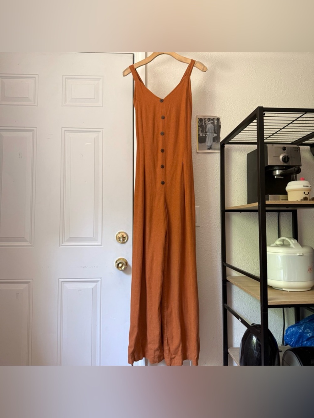 BEL KAZAN rust orange rayon linen button up sleeveless wide leg jumpsuit